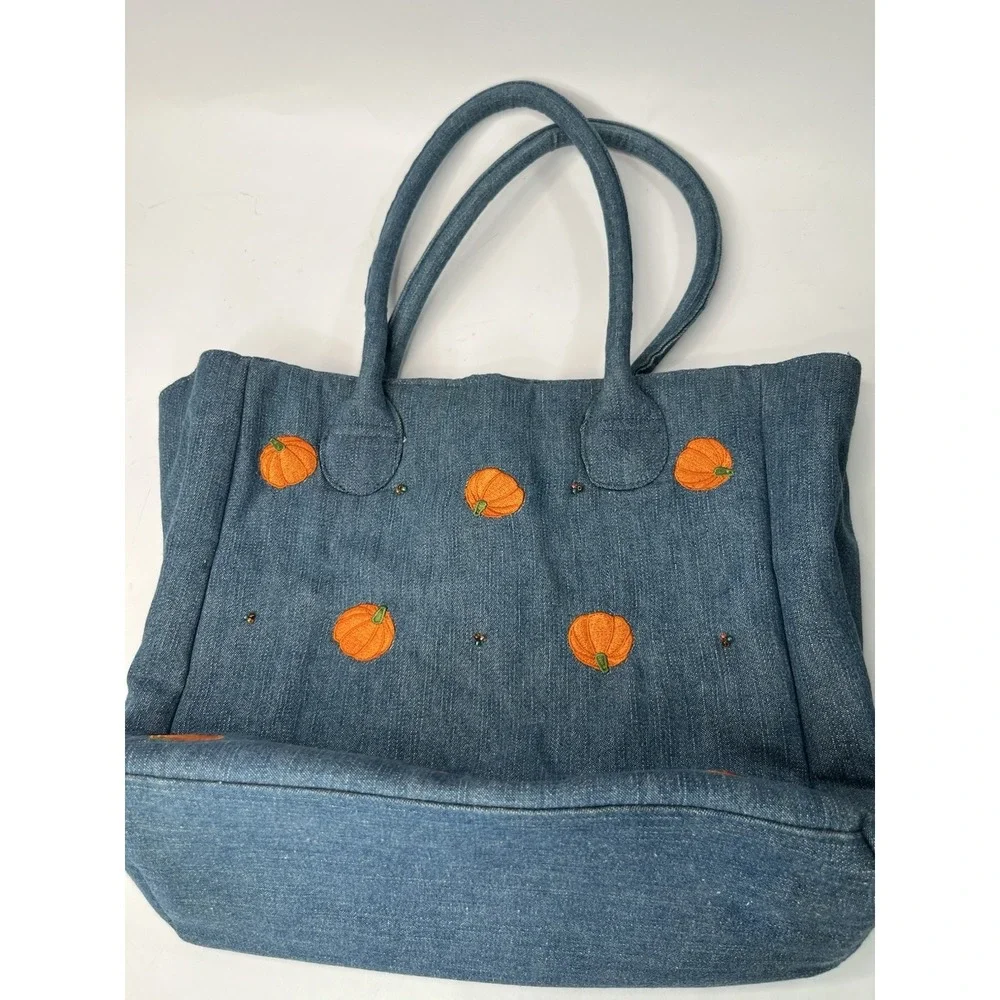 Vintage Quacker Factory denim blue shoulder bag w/ embroidered pumpkins